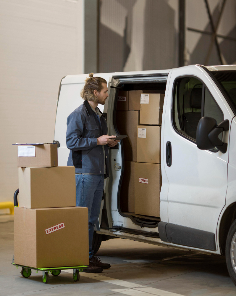 Kurier stojący na magazynie przy samochodzie dostawczym pakujący paczki do bagażnika